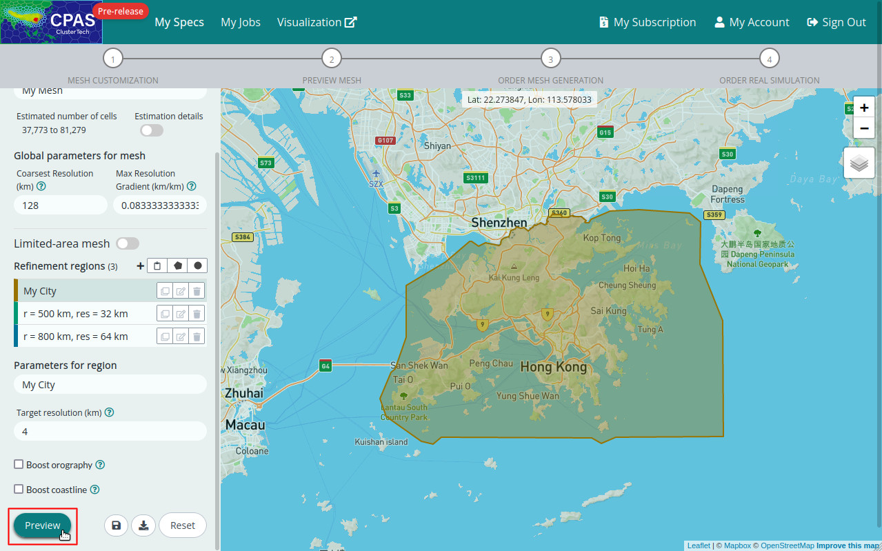 Screenshot of previewing mesh generation